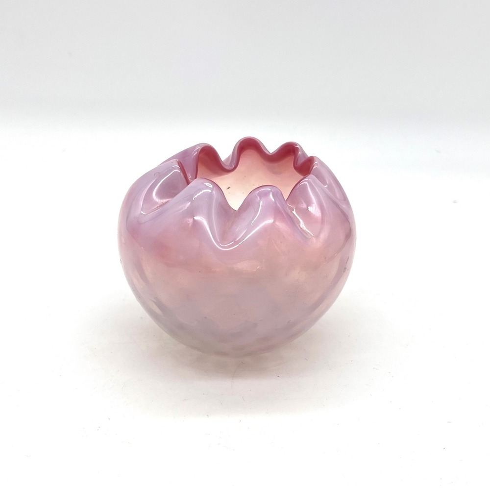 Vintage‎ Pink Satin Glass Rose Bowl Diamond Quilted Crimped Rim Art Glass 3 inch